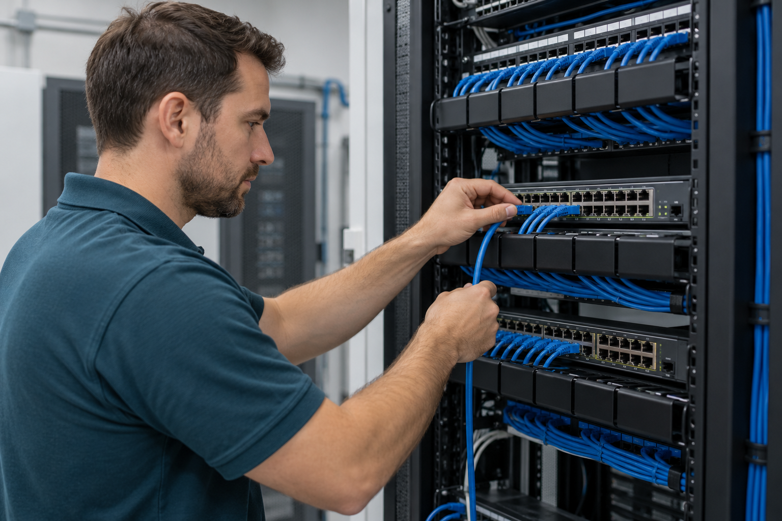 Illustrative technician connecting Ethernet cables in a network rack