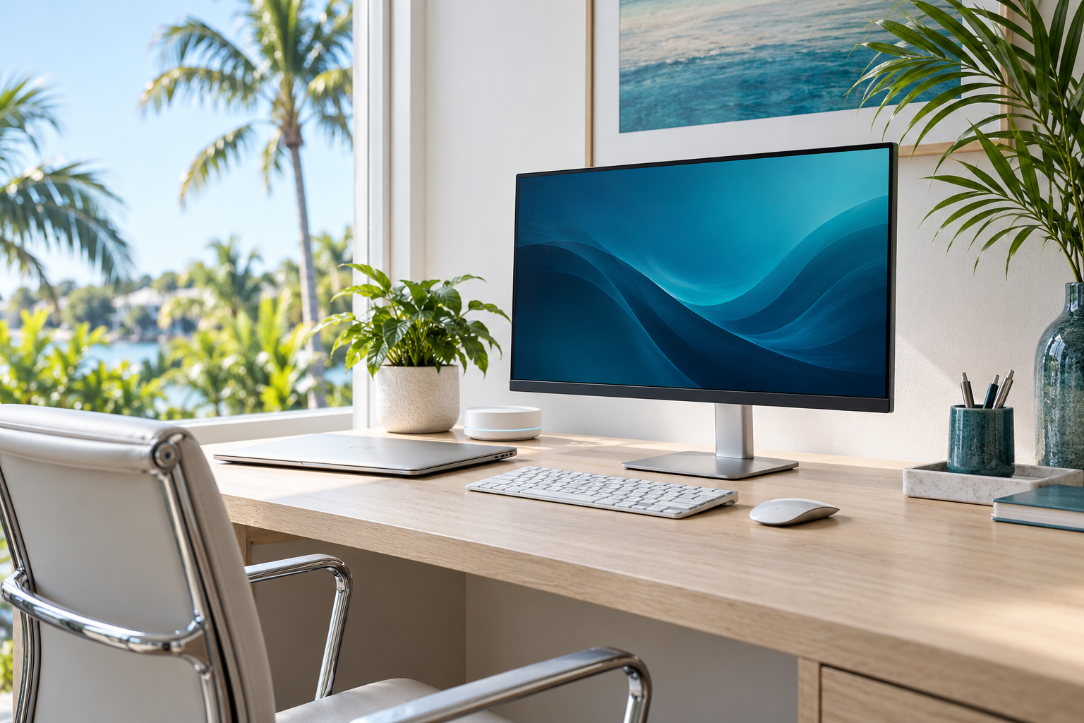 Illustrative coastal workspace with a desktop computer and laptop